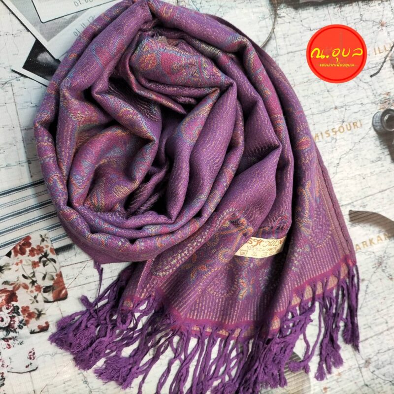 ผ้าพันคอ Pashmina แคชเมียร์ งานโชว์เส้นด้ายลายช้าง ชายพู่สีเดียวกับตัวผ้า