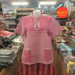 👚🍃🐴เสื้อผ้าขาวม้าคอจีน แขนสั้น งานผ้าฝ้าย มีกระเป๋าหน้า 2 ข้าง👚🍃🐴