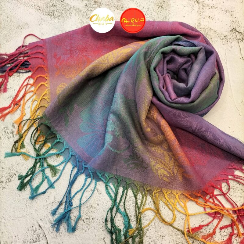 ผ้าพันคอ ผ้าคลุมไหล่ Pashmina/ผ้าแคชเมียร์ ผ้าสีรุ้งลายนกยูงคู่