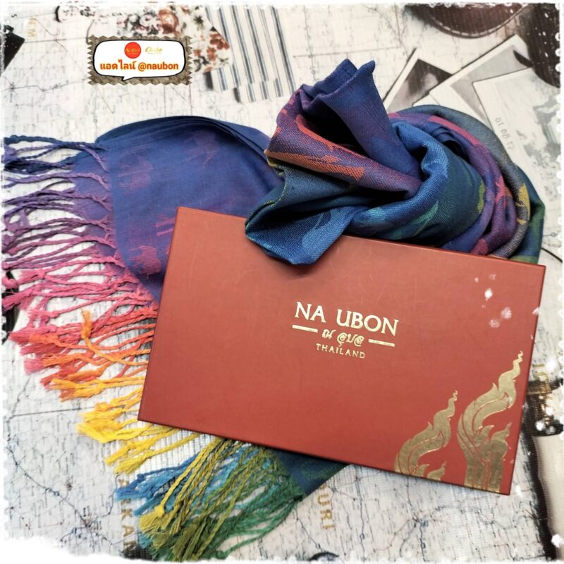 ผ้าพันคอ ผ้าคลุมไหล่ ผ้าฝ้าย Pashmina แคชเมียร์ ลายช้างครอบครัวสีรุ้ง