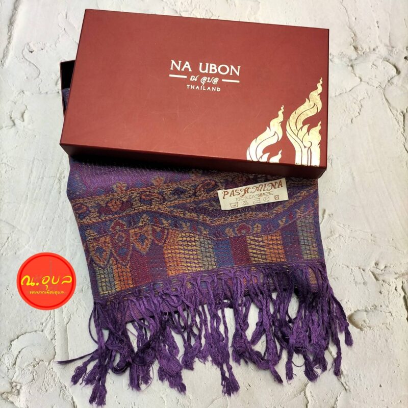 ผ้าพันคอ ผ้าคลุมไหล่ ผ้าฝ้าย Pashmina ลายช้างช่วงกลางผ้า ชายผ้าช้างใหญ่ 3 เชือก พู่หลากสี