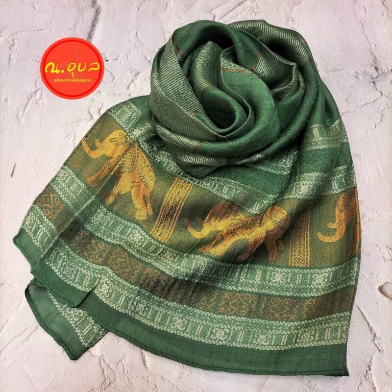 ผ้าพันคอ ผ้าคลุมไหม ผ้าไหม (เทียม) Thai silk ลายช้างทั้งผืน ชายผ้าเรียบ