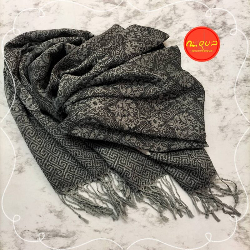 ผ้าพันคอ ผ้าคลุมไหล่ ผ้าฝ้าย Pashmina ลายไทยคลาสสิค ชายพู่สีเทา