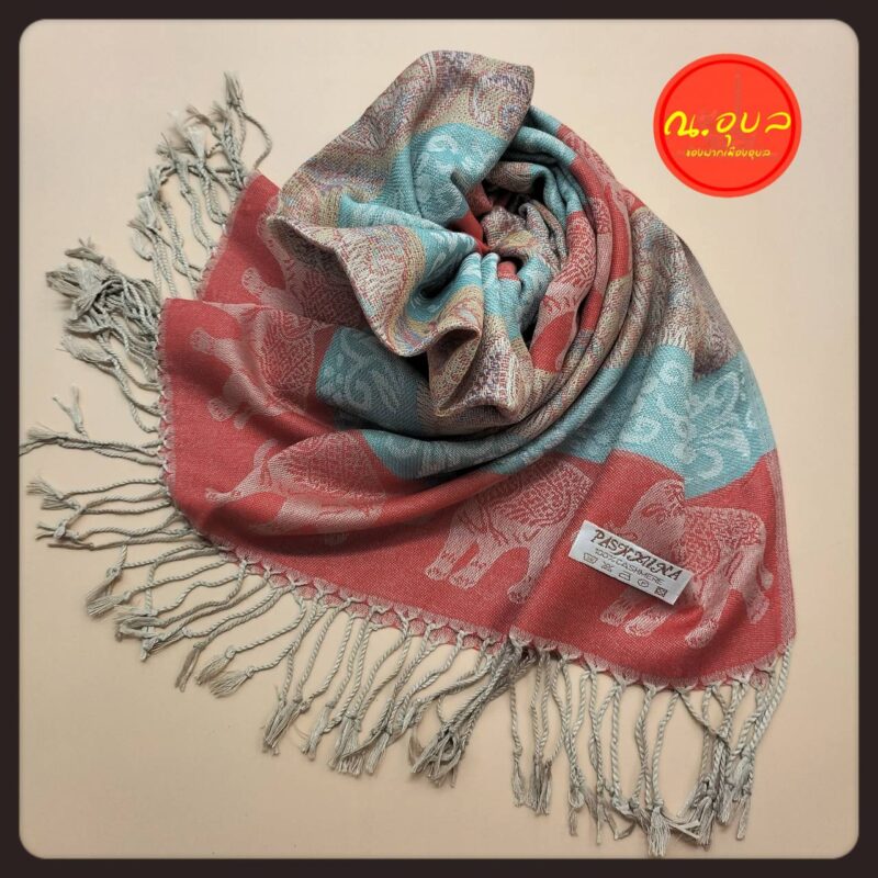 ผ้าพันคอ ผ้าคลุมไหล่ ผ้าฝ้าย Pashmina แคชเมียร์ ลายช้างคาดแถบสลับลายกราฟฟิก ชายผ้าสีเทา