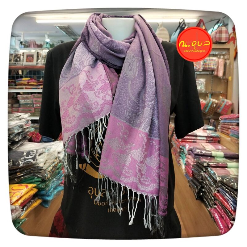 ผ้าพันคอ Pashmina ผ้าแคชเมียร์ ดอกทิวลิปไล่สี ชายผ้าไล่สี