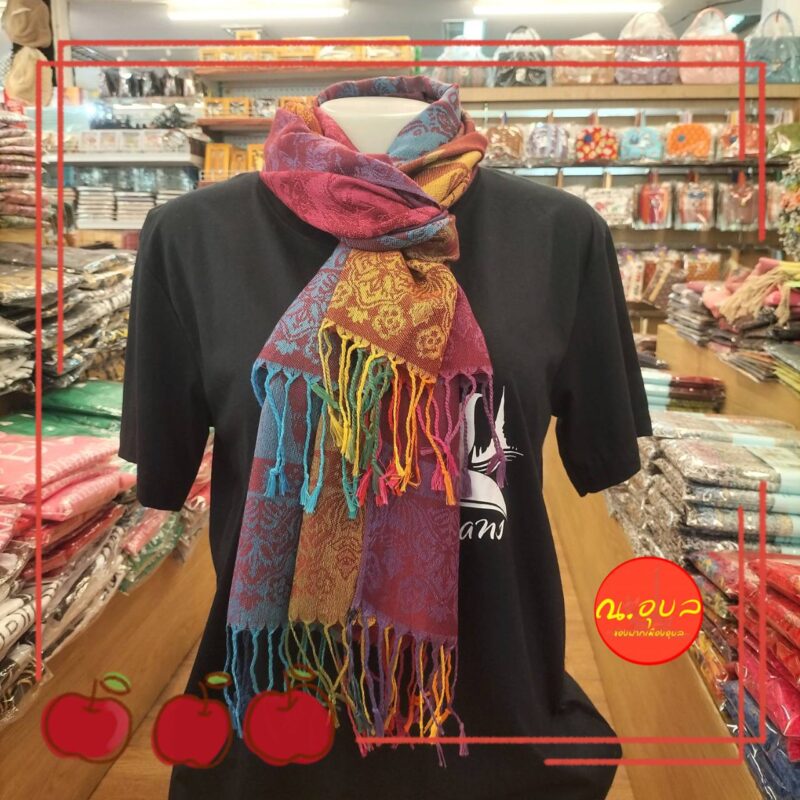 ผ้าคลุมไหล่ Pashmina ลายช้างตัวเล็ก+ใบไม้ ชายผ้าช้างใหญ่ 3 ตัว ไล่สีรุ้ง (ไล่สีผ้า)